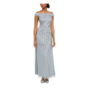 ADRIANNA PAPELL Womens Turquoise Sequined Off Shoulder Maxi Formal Dress 6